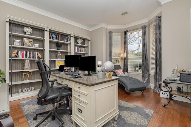 home office with wood-type flooring and crown molding