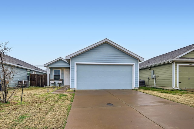 single story home featuring a garage, a front yard, and central air condition unit