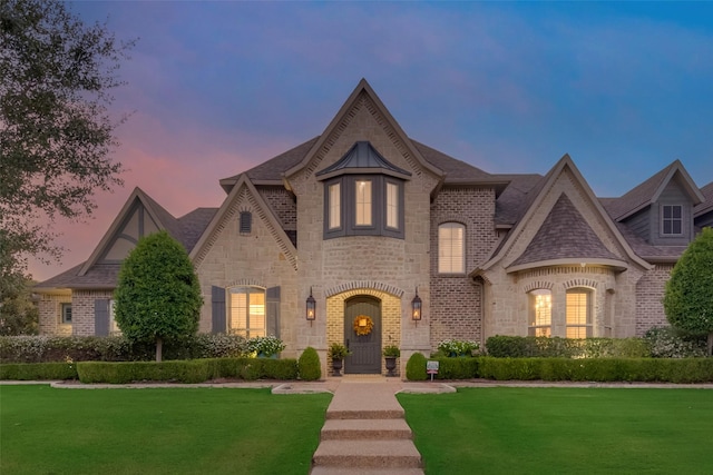 french provincial home featuring stone siding, brick siding, and a front yard