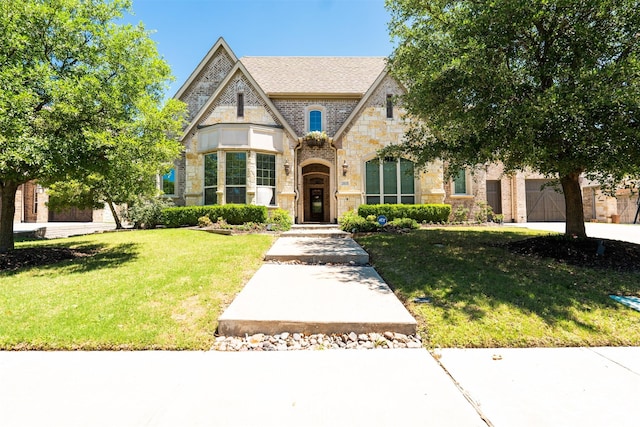 3019 Haywick, The Colony, TX 75056 - tudor-style house featuring stone siding, a front lawn, and brick siding