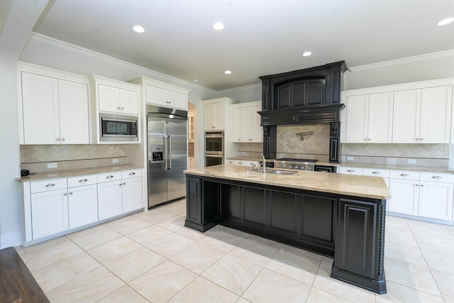 3019 Haywick, The Colony, TX 75056 - kitchen with built in appliances, tasteful backsplash, a sink, white cabinetry, and crown molding