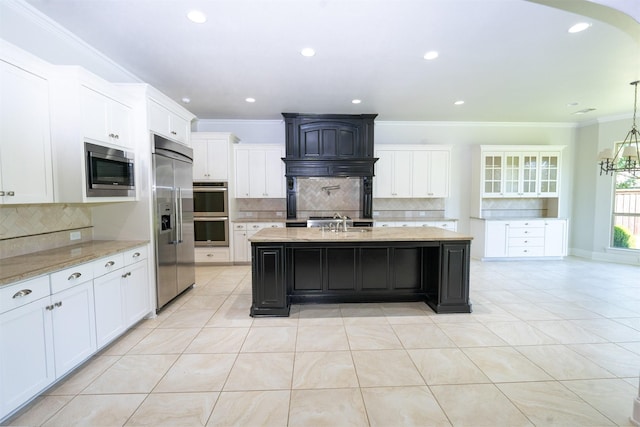 3019 Haywick, The Colony, TX 75056 - kitchen with built in appliances, backsplash, crown molding, light stone countertops, and recessed lighting