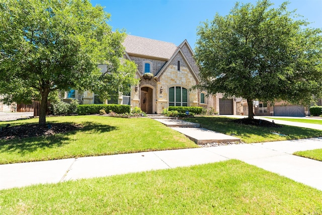 3019 Haywick, The Colony, TX 75056 - tudor-style house featuring stone siding, a front lawn, a garage, driveway, and brick siding
