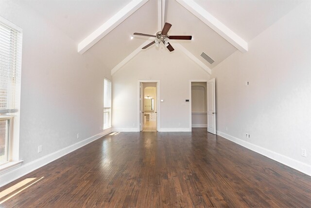 3019 Haywick, The Colony, TX 75056 - unfurnished living room featuring beam ceiling, ceiling fan, dark wood-type flooring, high vaulted ceiling, and baseboards