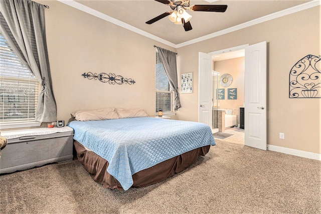 bedroom featuring crown molding, carpet flooring, connected bathroom, and ceiling fan