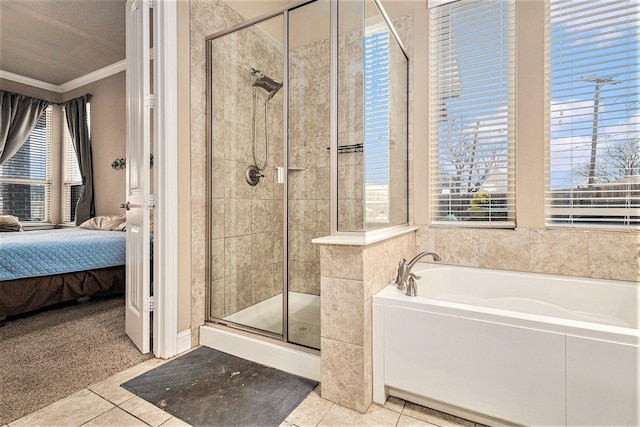 bathroom with crown molding, plus walk in shower, and tile patterned flooring