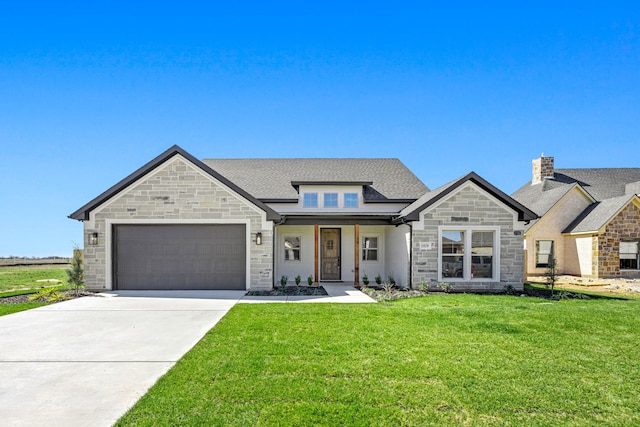 view of front of house with concrete driveway, roof with shingles, a front yard, a garage, and stone siding