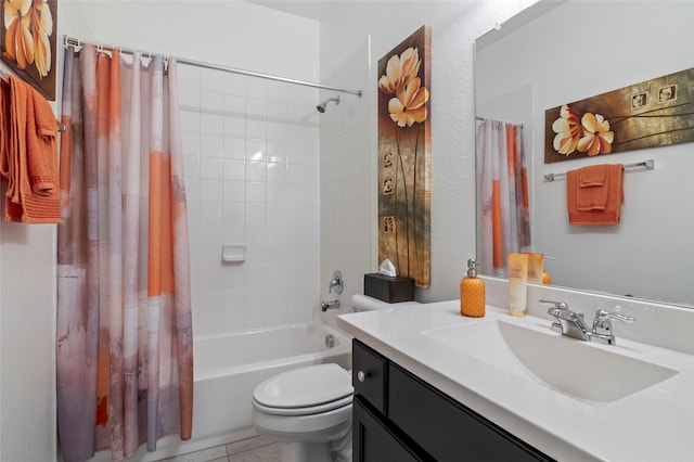 full bathroom featuring shower / tub combo, vanity, tile patterned flooring, and toilet