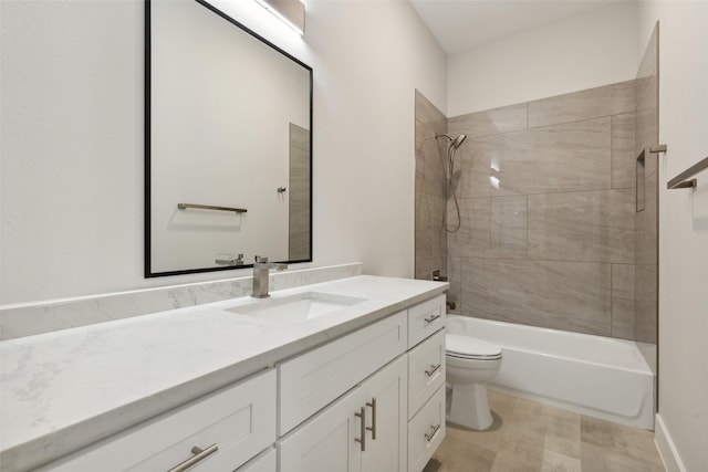 full bathroom with tiled shower / bath combo, vanity, and toilet