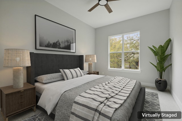 bedroom featuring carpet floors and ceiling fan