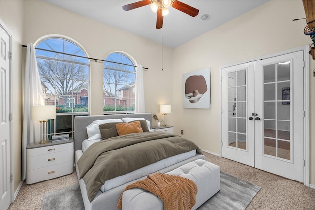 bedroom with french doors and ceiling fan