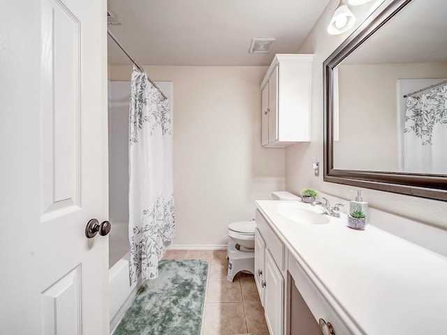 full bathroom with vanity, toilet, tile patterned flooring, and shower / bath combo with shower curtain