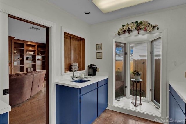 interior space featuring sink, wood-type flooring, and blue cabinetry