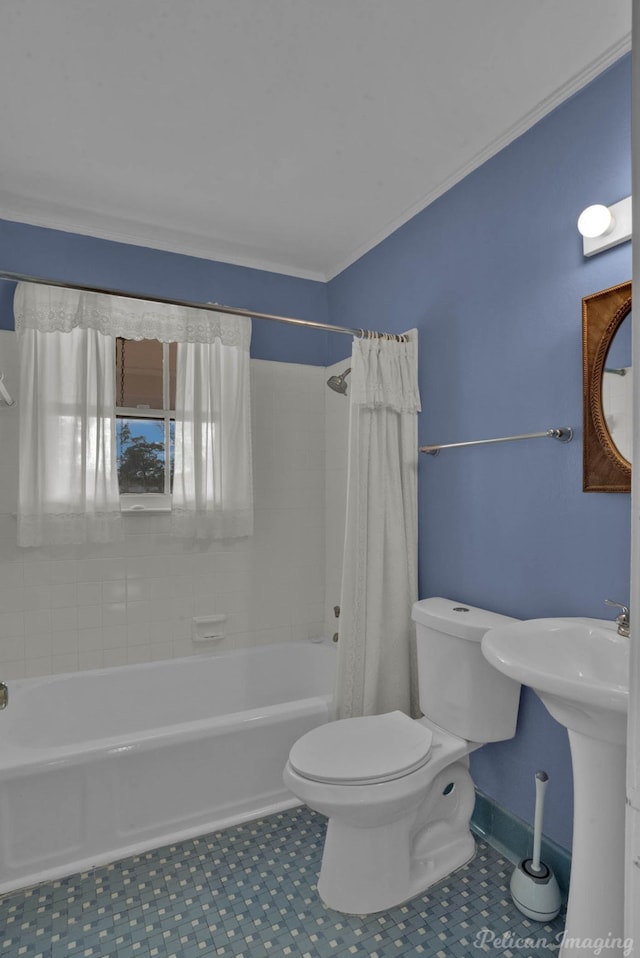 full bathroom with tile patterned flooring, sink, toilet, and shower / bathtub combination with curtain