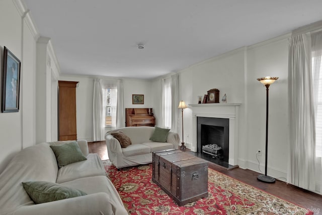 living room with crown molding and dark hardwood / wood-style flooring