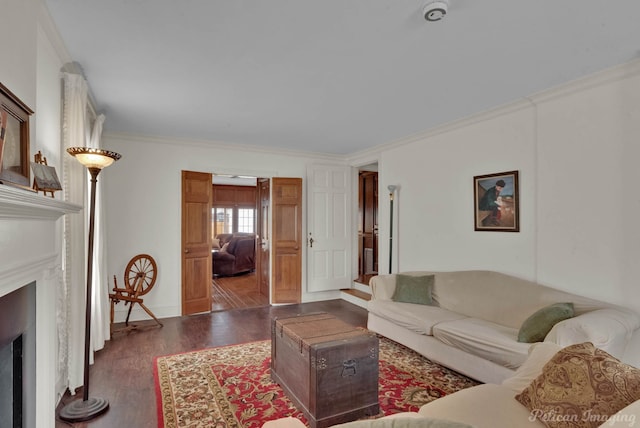 living room featuring crown molding and dark hardwood / wood-style floors