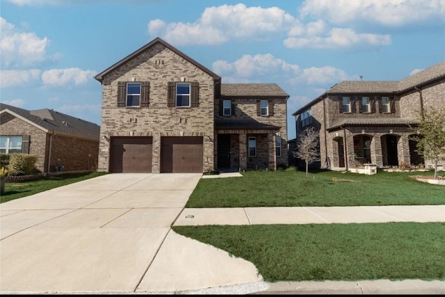 view of front facade with a garage, brick siding, concrete driveway, and a front yard