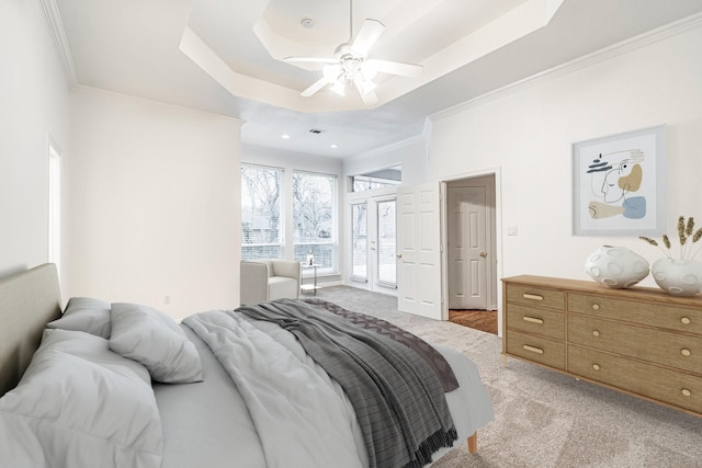 4781 Joe Wilson Rd, Midlothian, TX 76065 - bedroom with light colored carpet, a raised ceiling, ornamental molding, ceiling fan, and access to outside