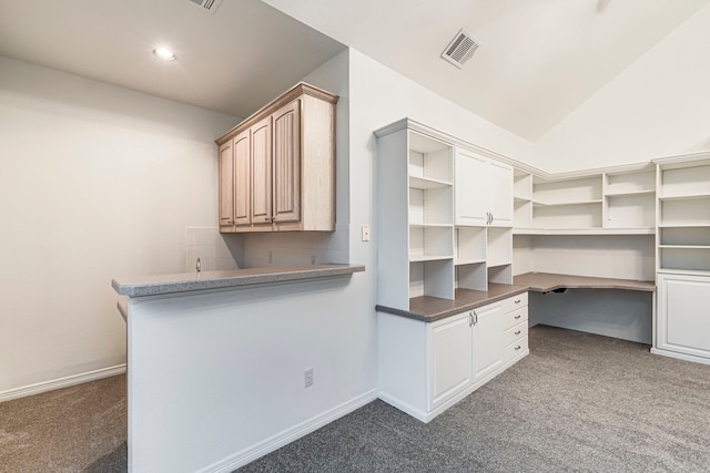 walk in closet with vaulted ceiling, dark colored carpet, and visible vents