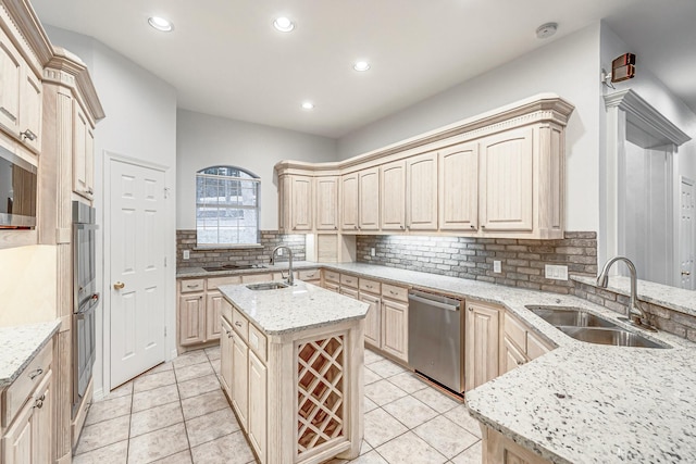 4781 Joe Wilson Rd, Midlothian, TX 76065 - kitchen featuring a sink, appliances with stainless steel finishes, decorative backsplash, light tile patterned floors, and recessed lighting