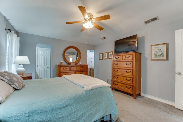 bedroom featuring ceiling fan and light colored carpet