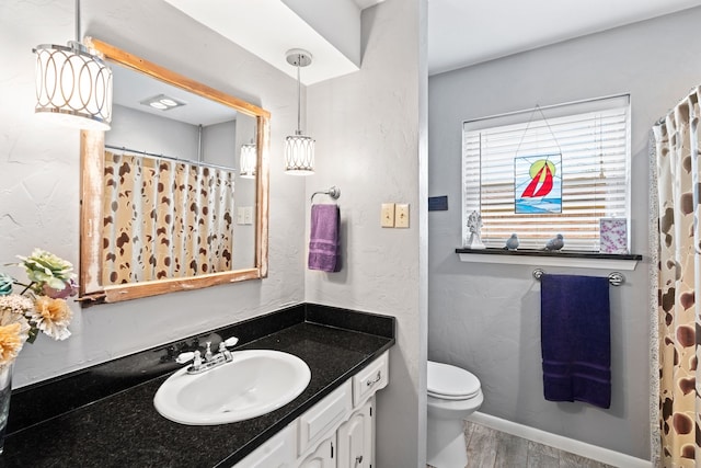 bathroom featuring vanity, hardwood / wood-style floors, and toilet