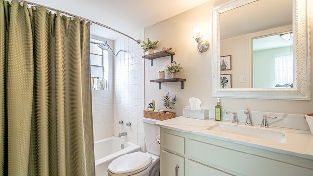 full bathroom featuring vanity, toilet, and shower / bath combo with shower curtain