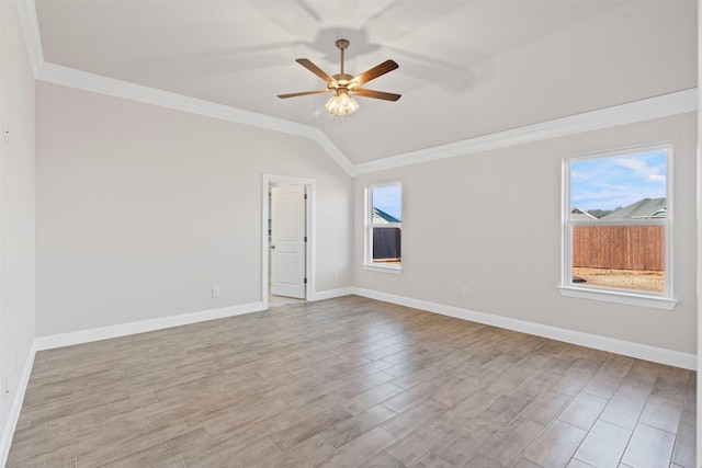 729 Jameson, Springtown, TX 76082 - unfurnished room featuring ornamental molding, ceiling fan, vaulted ceiling, baseboards, and wood finished floors