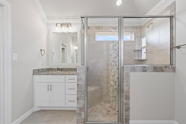 729 Jameson, Springtown, TX 76082 - full bathroom with crown molding, vanity, a shower stall, and baseboards