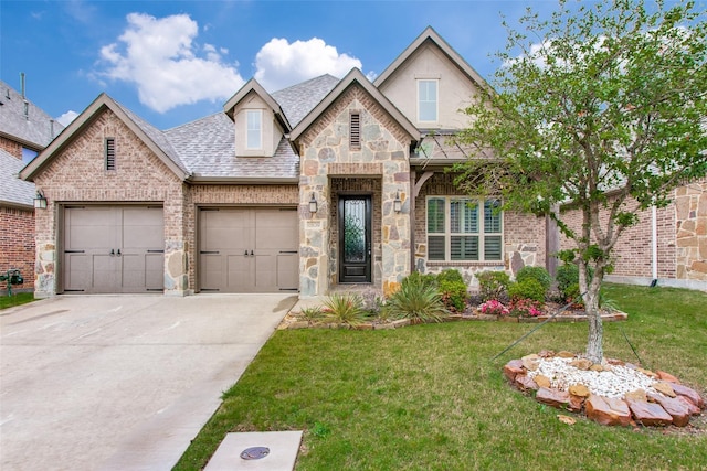 view of front of home with a garage and a front lawn