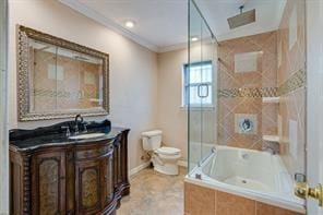 full bathroom with vanity, ornamental molding, independent shower and bath, and toilet