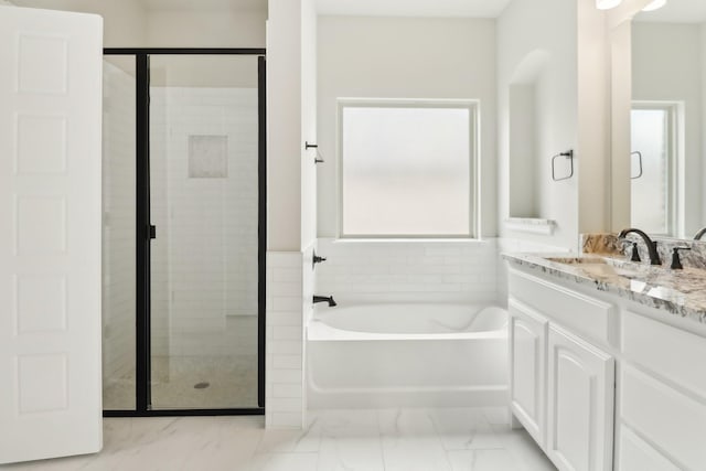 212 Navajo Trl, Alvarado, TX 76009 - full bath with vanity, marble finish floor, a bath, and a shower stall