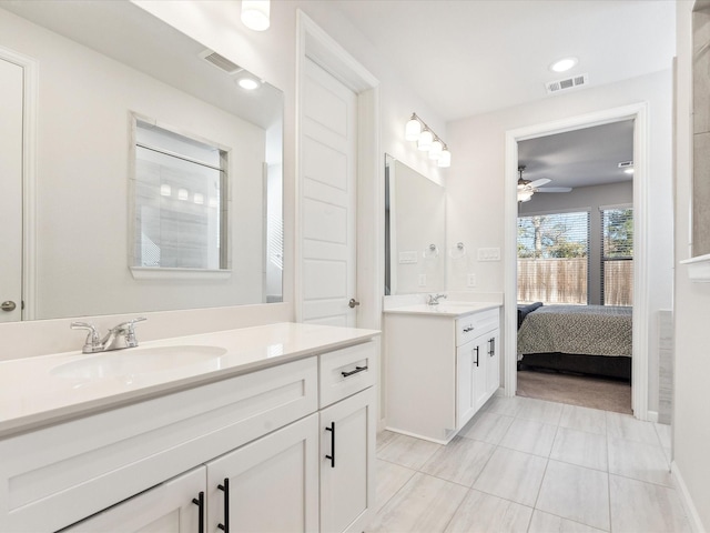 bathroom with vanity, tile patterned floors, and ceiling fan