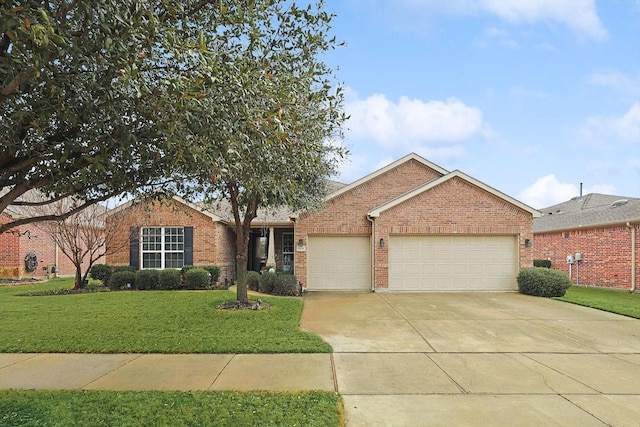 ranch-style home featuring a garage and a front yard