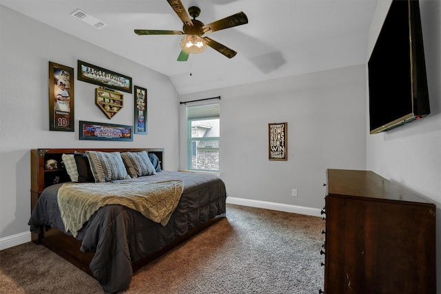 bedroom featuring vaulted ceiling, ceiling fan, and carpet