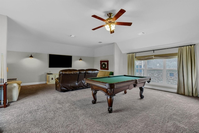 playroom featuring ceiling fan, billiards, carpet flooring, and vaulted ceiling