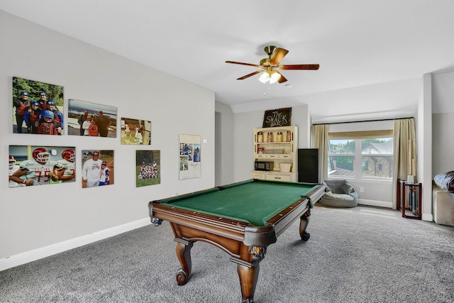 game room with ceiling fan, carpet flooring, and pool table