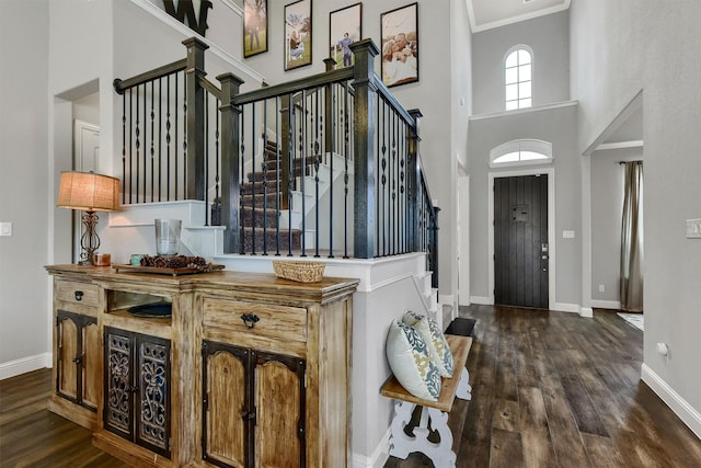 foyer featuring crown molding, dark wood-type flooring, and a towering ceiling