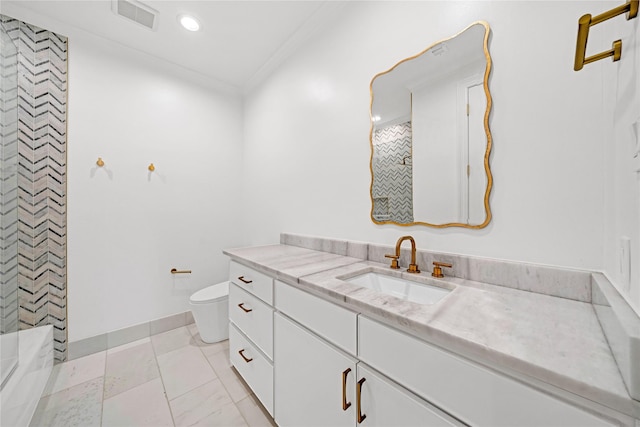 bathroom featuring crown molding, vanity, toilet, and walk in shower