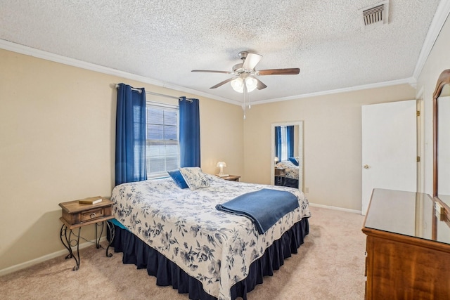 bedroom featuring light carpet, baseboards, visible vents, ceiling fan, and crown molding