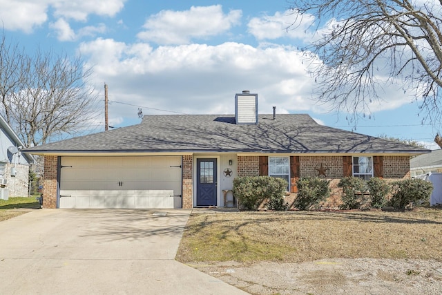 view of front of house with brick siding, roof with shingles, a chimney, concrete driveway, and a garage