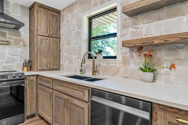 kitchen featuring wall chimney exhaust hood, sink, tasteful backsplash, dishwashing machine, and electric stove