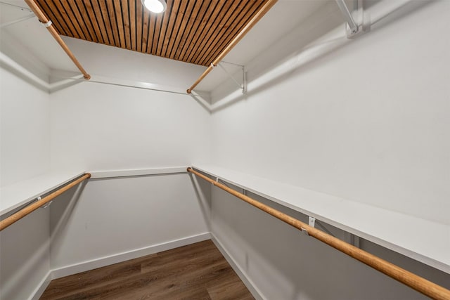 walk in closet with dark wood-type flooring