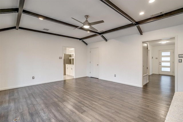 empty room featuring hardwood / wood-style flooring, ceiling fan, and beam ceiling