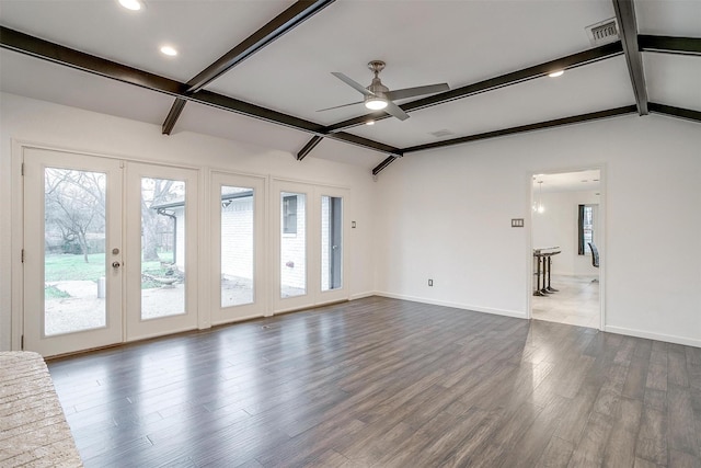 unfurnished living room featuring french doors, ceiling fan, lofted ceiling with beams, and hardwood / wood-style flooring