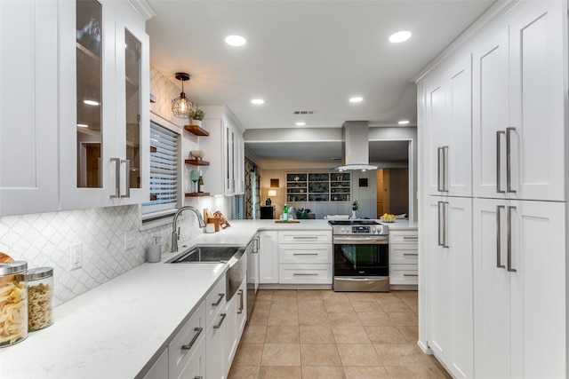 kitchen featuring pendant lighting, stainless steel stove, and white cabinets