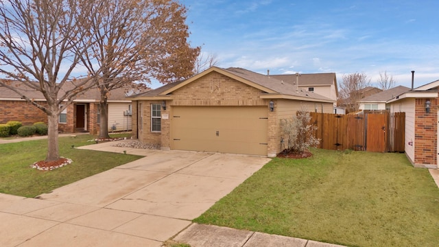 ranch-style home with a garage and a front lawn