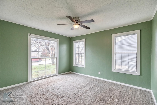 empty room with a textured ceiling, carpet floors, and ceiling fan