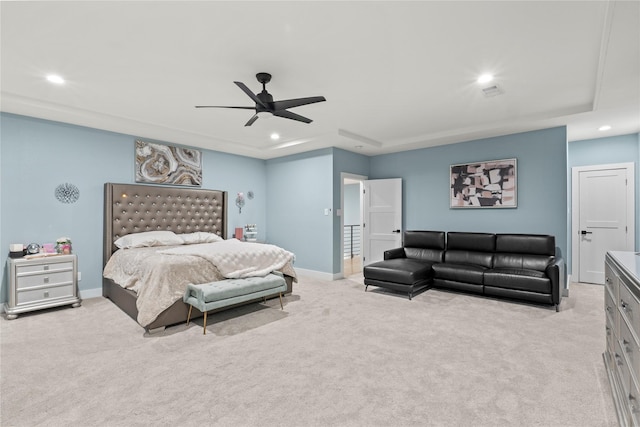 carpeted bedroom with ceiling fan