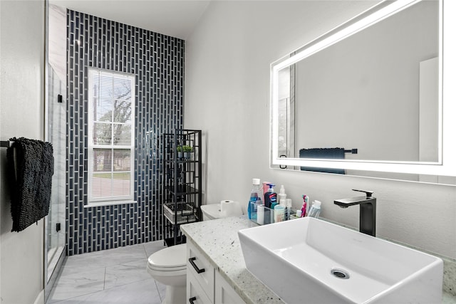 bathroom featuring vanity, toilet, and a shower with shower door